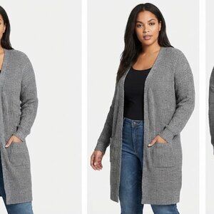 Torrid Cardigan Sweater Long Knit Open Front Pockets Gray Size 3 1X / 14-16 Used